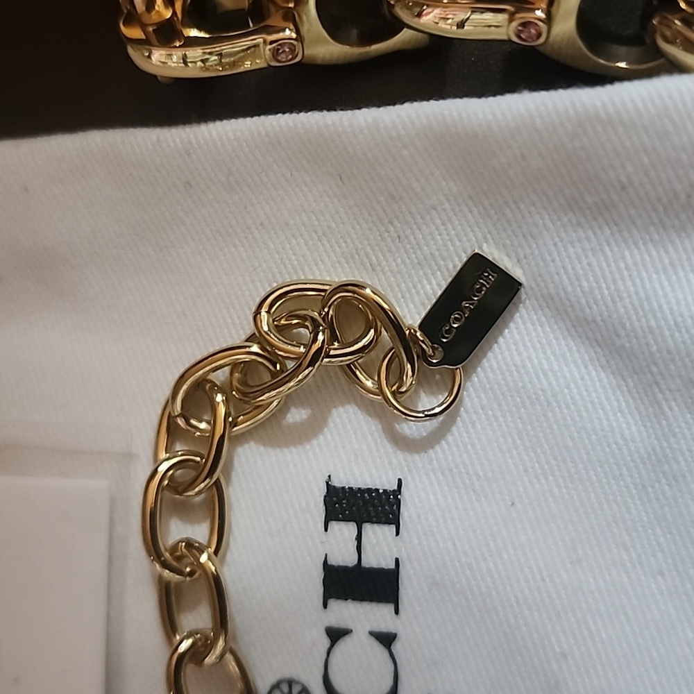 Coach Chunky Gold Cs Necklace Adorned with Pink Stones Like New w/dusty - Picture 8 of 11